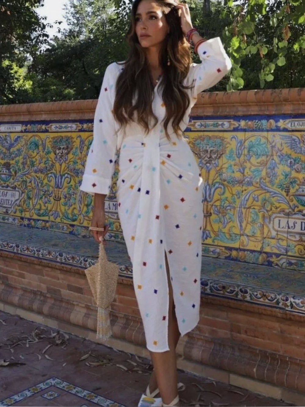 Zara Embroidered Pom Pom Cotton Midi Dress White Boho Floral V Neck XS